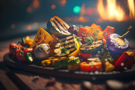 Grilled vegetables on a plate on a wooden background. Vegetarian food.の素材