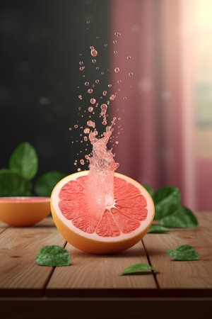 Water splash from grapefruit on a wooden table. 3d renderingの素材