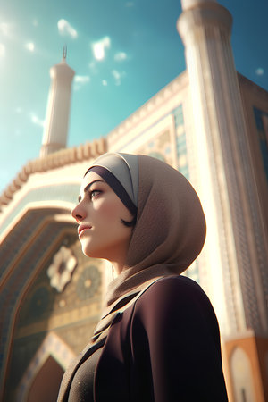 Portrait of a beautiful muslim woman with hijab against mosque backgroundの素材