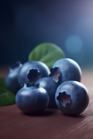 Blueberries on a wooden table. Blueberries with leaves on a dark background.の素材