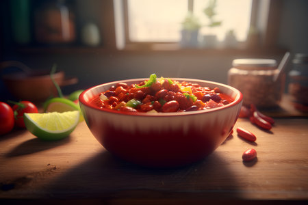 Mexican chili con carne in red bowl on wooden table.の素材