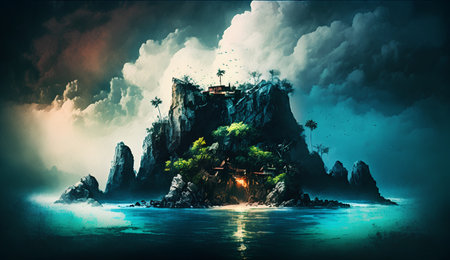 Tropical island in the ocean. Fantasy landscape. 3D renderingの素材