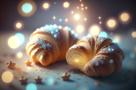 Croissants on a blue background with stars and bokehの素材