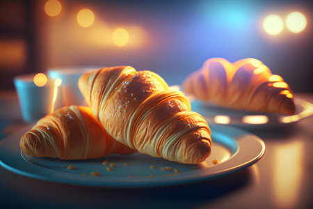 Two croissants on a blue plate on a dark background.の素材