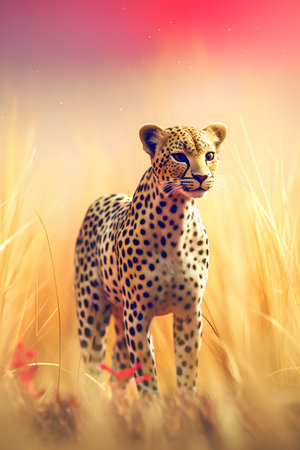 Leopard in the grassland at sunset. Wildlife scene from Africa.の素材
