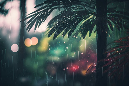 Rain drops on the leaves of palm trees in the rain. Rainy day.の素材