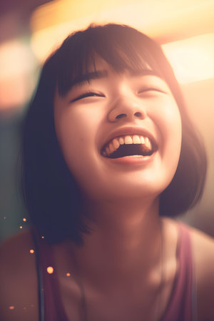 Portrait of a happy young asian woman laughing and having funの素材