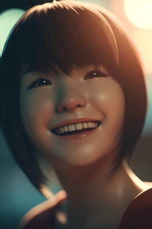 Asian woman with smiley face on the background of night city.の素材