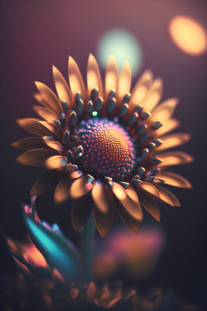 3d illustration of a sunflower on a dark background with bokeh effectの素材