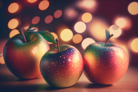 Red and green apples on a wooden table with bokeh backgroundの素材
