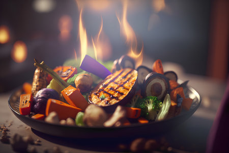Grilled vegetables in a plate on a dark background. Selective focus.の素材