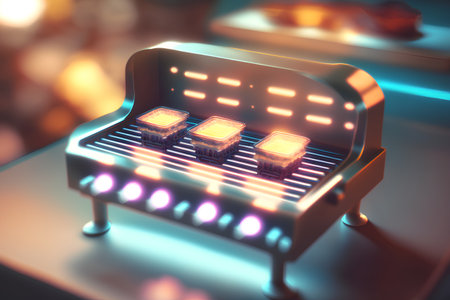 Microchips on the electric grill. 3d illustration. Glowing lights.の素材