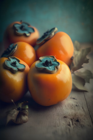 Fresh ripe persimmon on a wooden background. Selective focus. Toned.の素材
