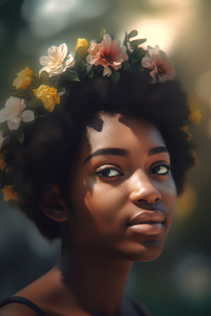 Portrait of a beautiful african american woman with flowers in her hairの素材