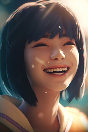Beautiful young asian woman smiling on the beach. 3d renderingの素材