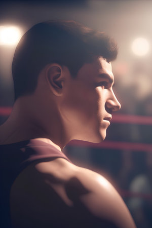 Portrait of a young boxer standing in boxing ring and looking away.の素材