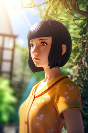 3D rendering of a beautiful Japanese girl in a yellow dress.の素材