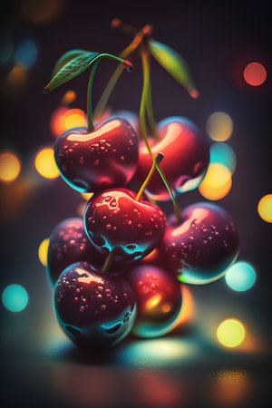 Red cherries on a dark background with bokeh lights.の素材