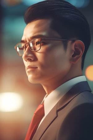 Portrait of handsome asian businessman wearing eyeglasses and looking awayの素材