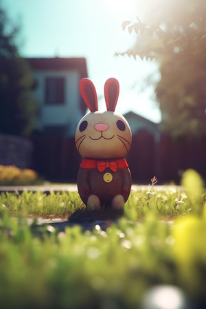 Easter bunny on the grass in the garden. Vintage style.の素材