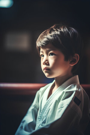 Portrait of a cute little boy in kimono sitting in a cafeの素材