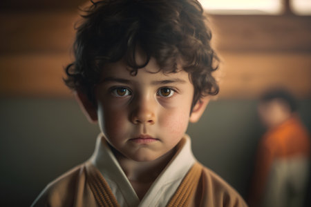 Little boy in a kimono with sad expression on his faceの素材