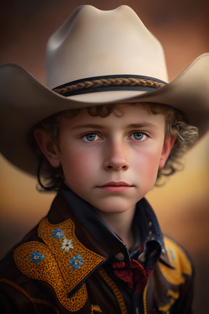 Portrait of a cute little boy wearing cowboy costume and hat.の素材