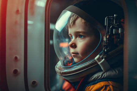 Portrait of a boy in an astronaut helmet on the background of the spaceship.の素材