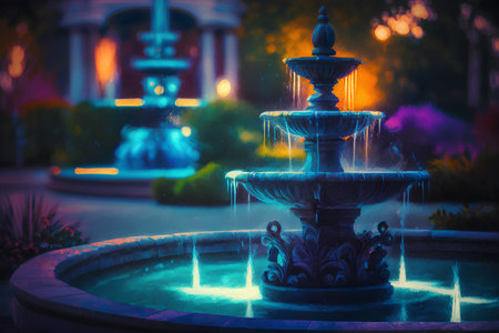 Fountain in the city park at night. Colorful background.の素材