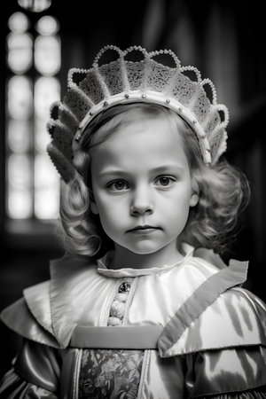 Portrait of a little girl in a royal costume. Black and white.の素材