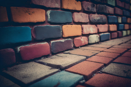 Old brick wall background. Vintage color toned picture with selective focus.の素材