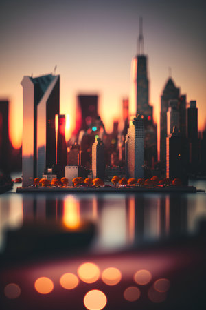 Cityscape at sunset. 3d rendering, 3d illustration.の素材