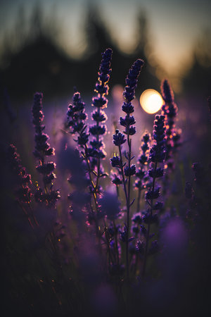 Lavender flowers in a field at sunset. Toned.の素材