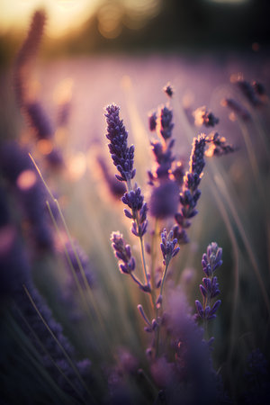 Beautiful lavender flowers in the field at sunset. Vintage tonedの素材