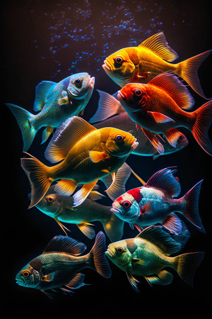 Group of fish on a black background. The concept of exotic life.の素材