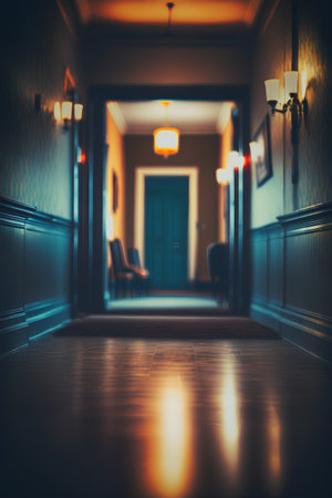 Interior of a hotel room with a long corridor and a doorの素材