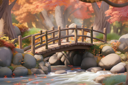 Wooden bridge in the autumn forest. 3d render illustration.の素材