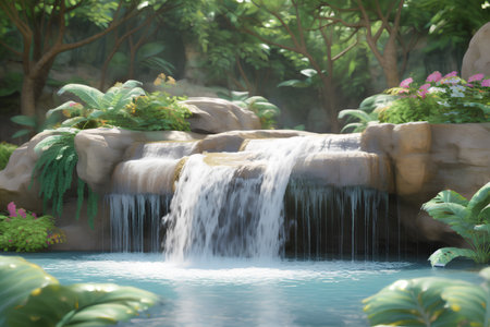 waterfall in the garden,3d rendering. Computer digital drawing.の素材