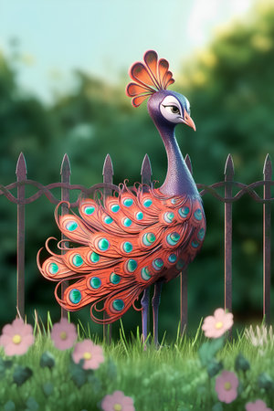 Peacock in the garden. 3D render. Illustration.の素材