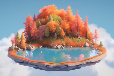 Forest lake in the clouds. 3D illustration. Isometric view.の素材