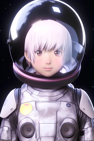 3D illustration of an astronaut girl in a black space suit.の素材