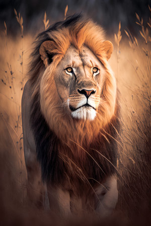 Portrait of a big male lion (Panthera leo) in the savannahの素材