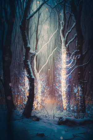Winter forest at night with snow and lights. Magical winter landscape.の素材