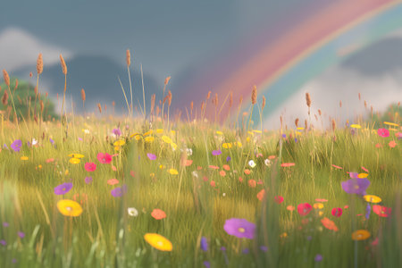 Colorful spring meadow with flowers and rainbow. 3d renderの素材