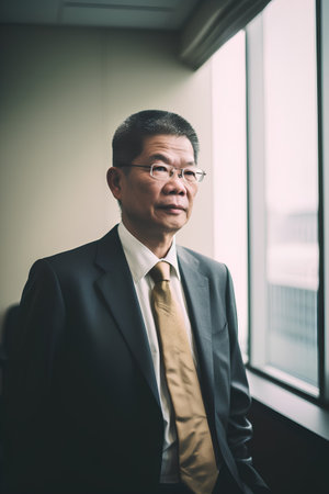 Portrait of senior Asian businessman with eyeglasses in office.の素材
