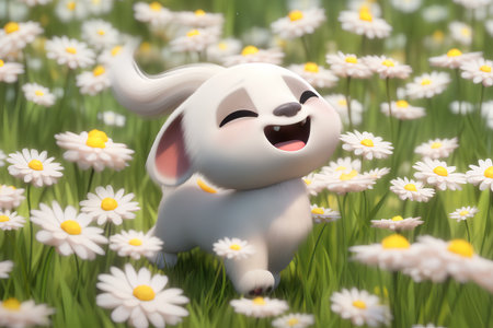 Cute white dog in daisy meadow. 3D renderingの素材