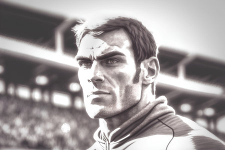 Portrait of a handsome young man with a beard in a sports stadiumの素材