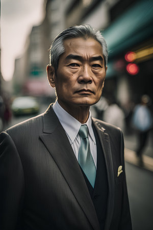 Mature Japanese businessman in the street (shallow DOF; color toned image)の素材