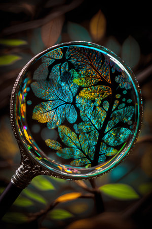 Magnifying glass on a background of autumn leaves. Conceptual image.の素材