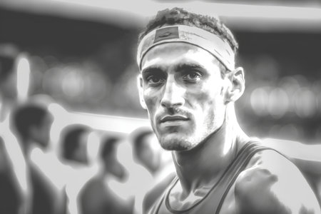 Portrait of a runner at the stadium. Black and white.の素材